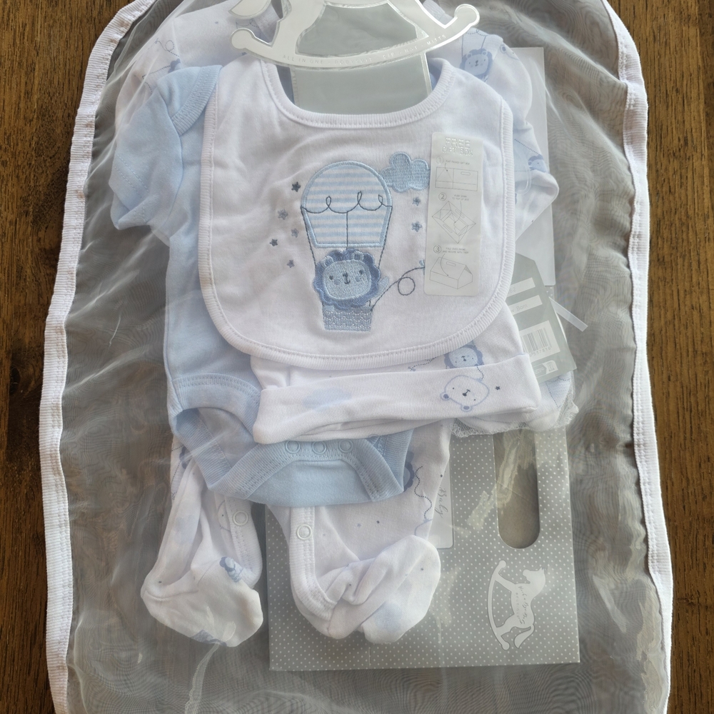 Rock-a-bye-baby Baby Blue and White Outfit Gifting 5 Piece Set